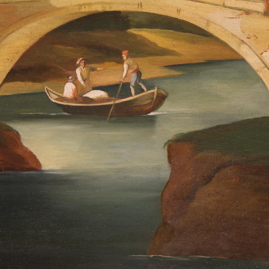 Tela 20th Century Oil on Canvas Landscape Painting with Figures, 1970 in vendita
