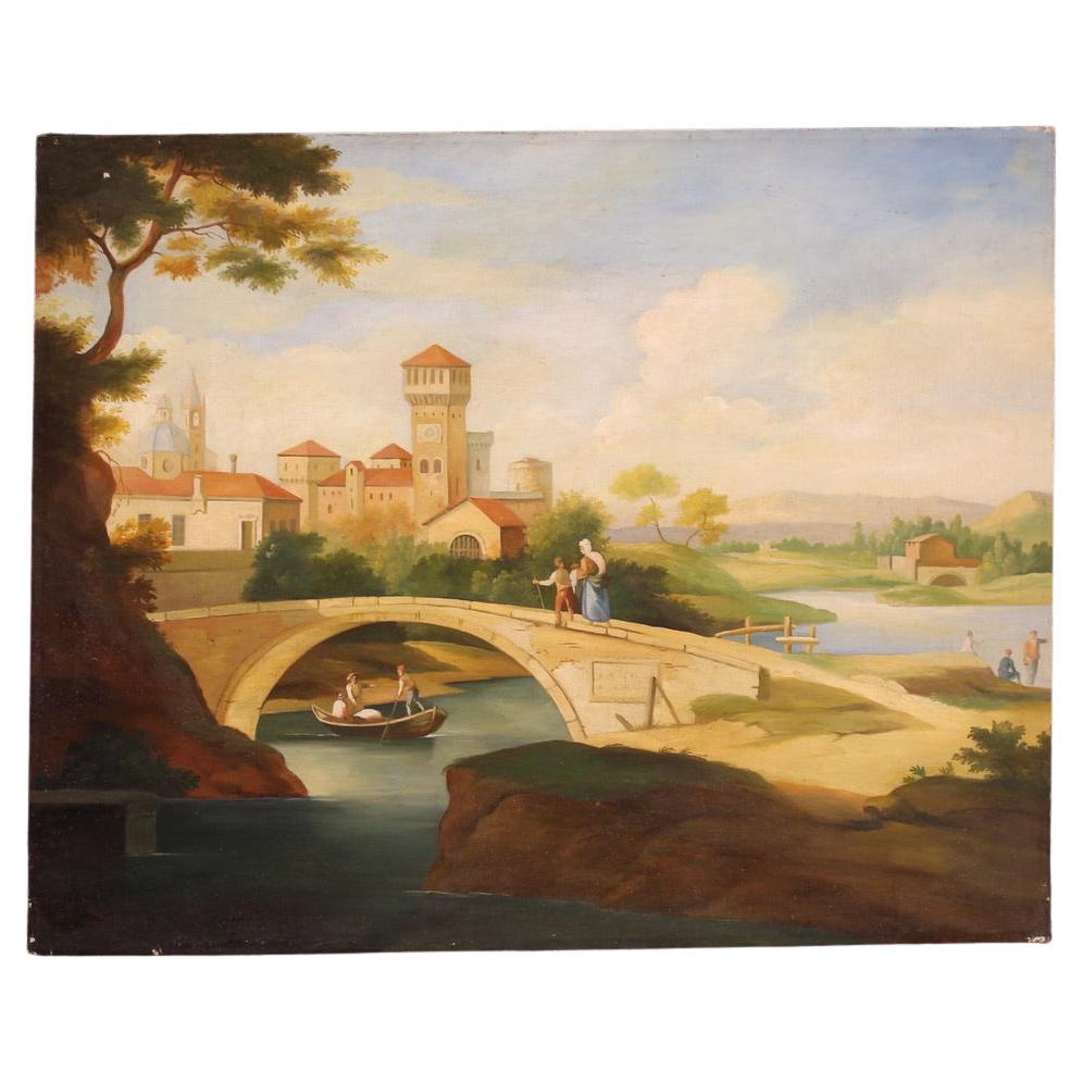 20th Century Oil on Canvas Landscape Painting with Figures, 1970 in vendita