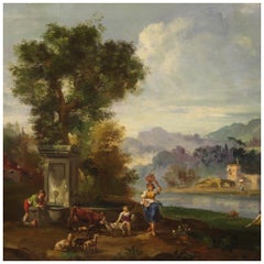 Peinture à l'huile sur toile du 20ème siècle - Paysage italien avec personnages, 1950