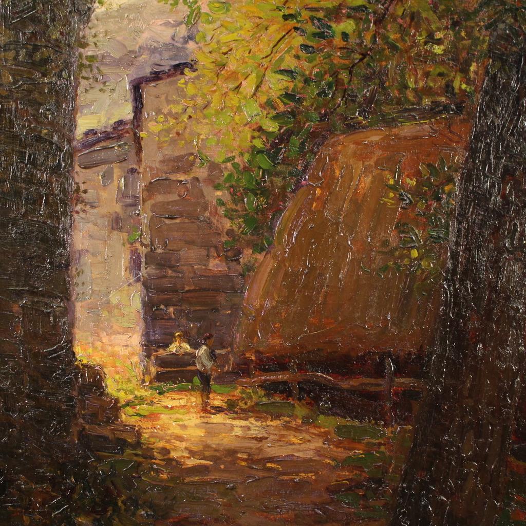 20. Jahrhundert Öl auf Leinwand Landschaft mit Figuren signiert Morteo Gemälde, 1920er Jahre im Angebot 4