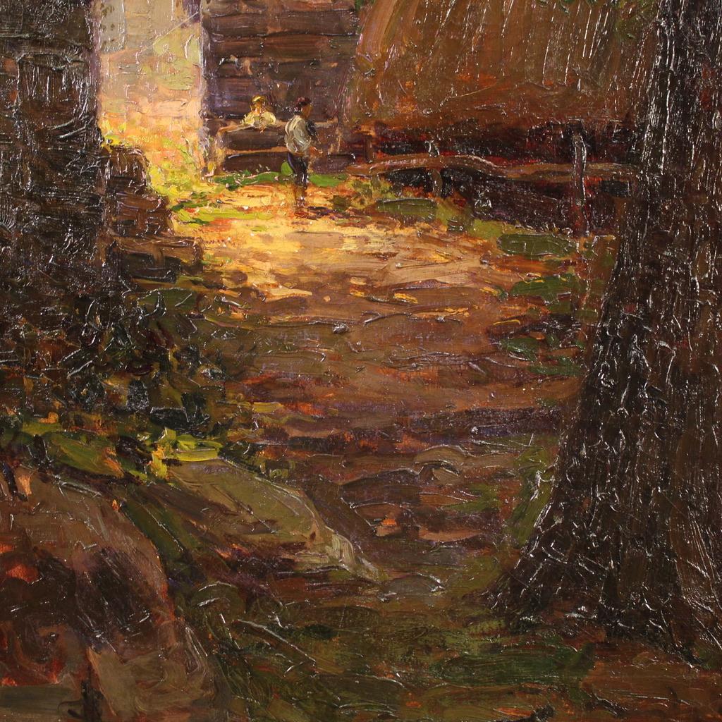 20. Jahrhundert Öl auf Leinwand Landschaft mit Figuren signiert Morteo Gemälde, 1920er Jahre im Angebot 5