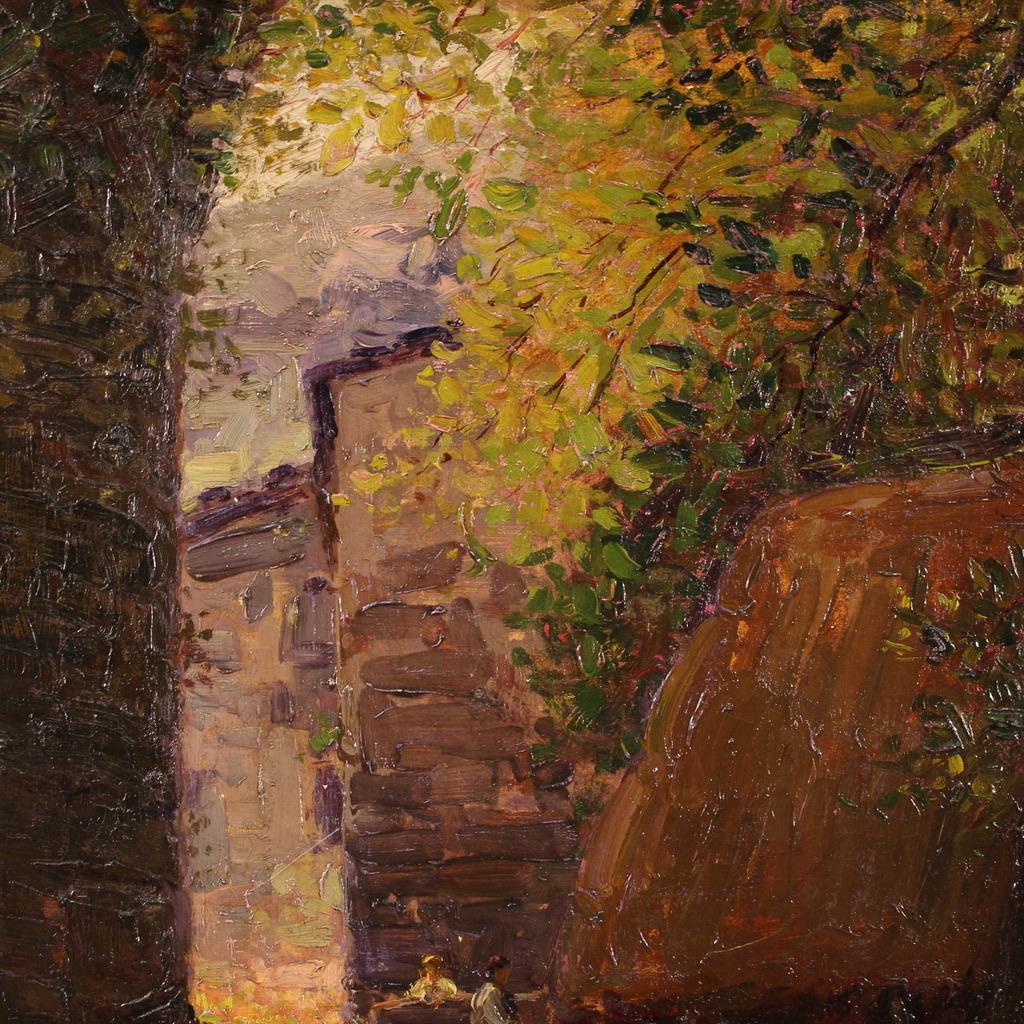 20. Jahrhundert Öl auf Leinwand Landschaft mit Figuren signiert Morteo Gemälde, 1920er Jahre im Angebot 8