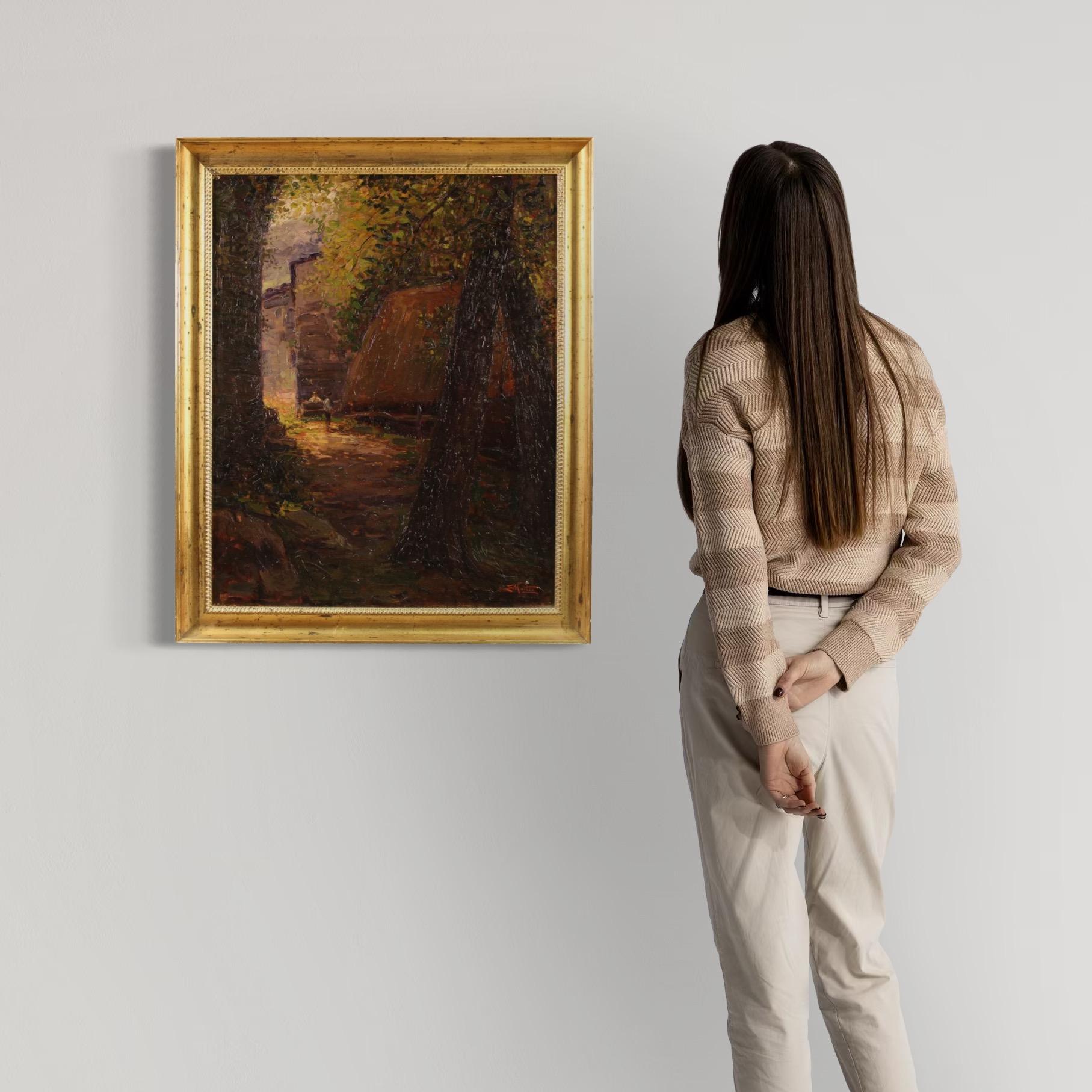 Italienische Malerei des frühen 20. Jahrhunderts. Impressionistisches Öl auf Leinwand, das eine ländliche Landschaft mit Figuren darstellt, von ausgezeichneter malerischer Qualität. Ein wunderschönes Gemälde, das mit einem nicht zeitgenössischen