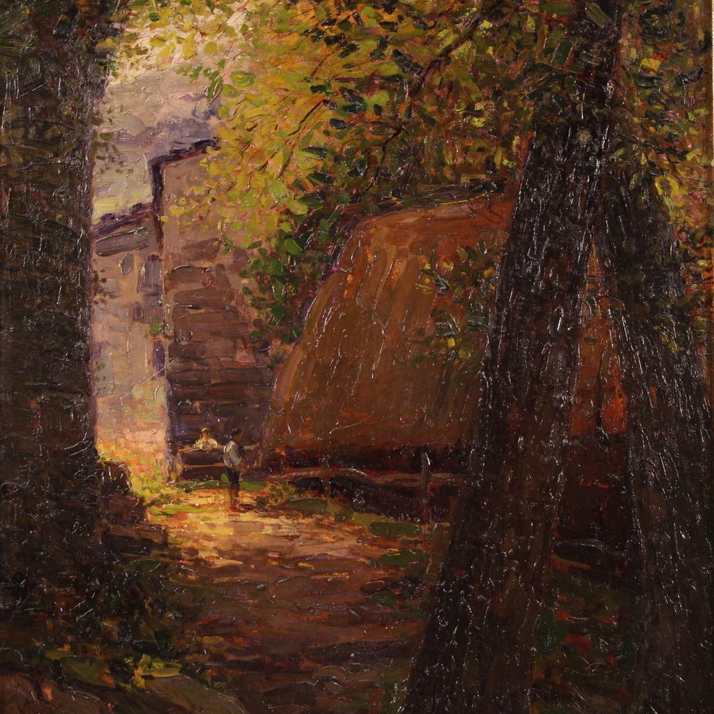 20. Jahrhundert Öl auf Leinwand Landschaft mit Figuren signiert Morteo Gemälde, 1920er Jahre (Italian) im Angebot