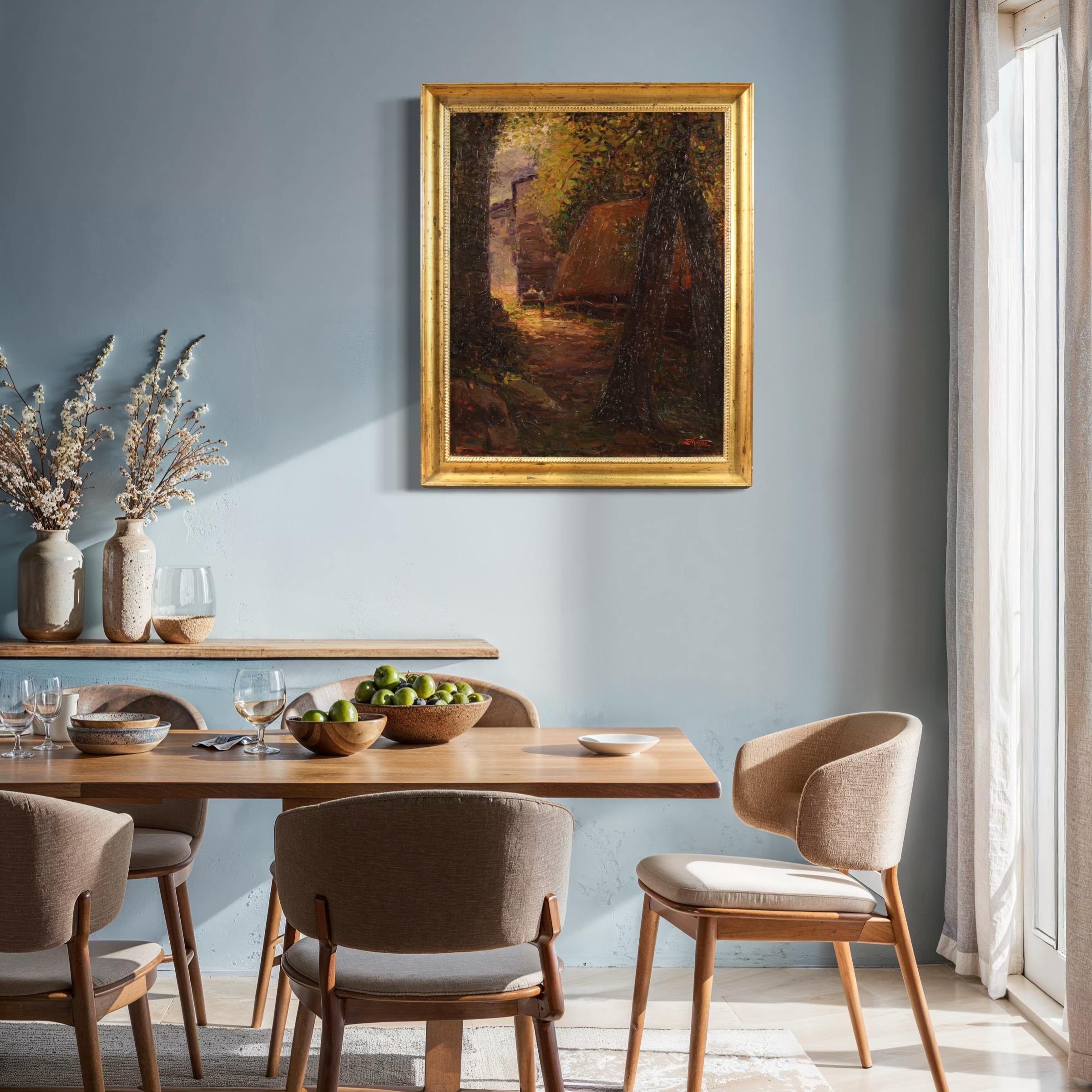 20. Jahrhundert Öl auf Leinwand Landschaft mit Figuren signiert Morteo Gemälde, 1920er Jahre (Geölt) im Angebot