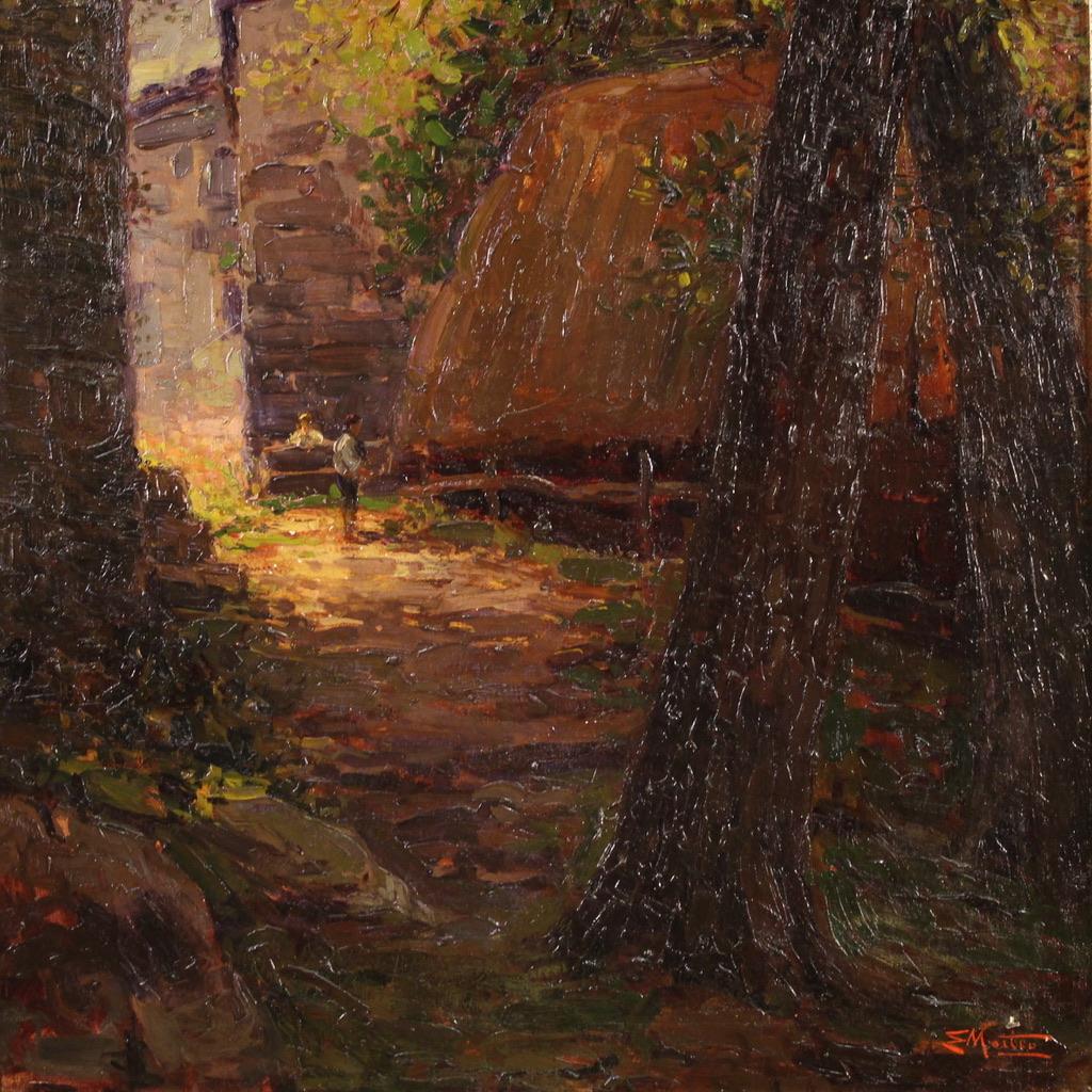 20. Jahrhundert Öl auf Leinwand Landschaft mit Figuren signiert Morteo Gemälde, 1920er Jahre im Zustand „Gut“ im Angebot in Vicoforte, Piedmont