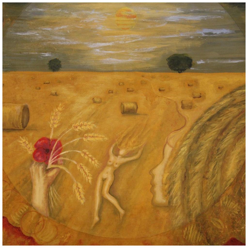 Huile sur toile du 20e siècle Peinture moderne française Vue d'un champ de maïs, 1980