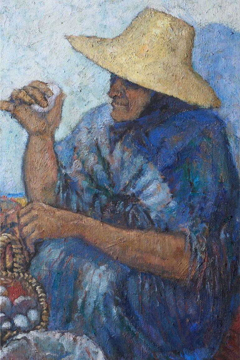 This is a fabulous quality painting depicting a lady with a basket full of eggs. She looks to be wearing country clothing most likely French or Spanish in origin. The image is a subtle look at a very specific way of life but it conveys so much in
