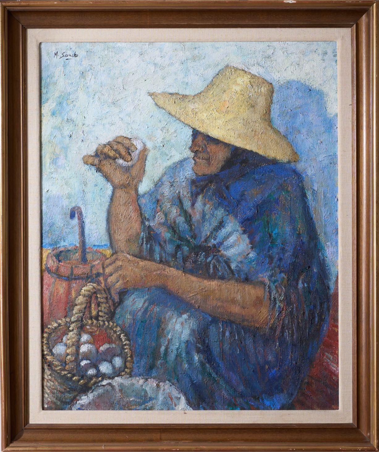 20th Century Oil On Canvas Of A Lady Selling Eggs- M Sancho In Excellent Condition For Sale In Malton, GB