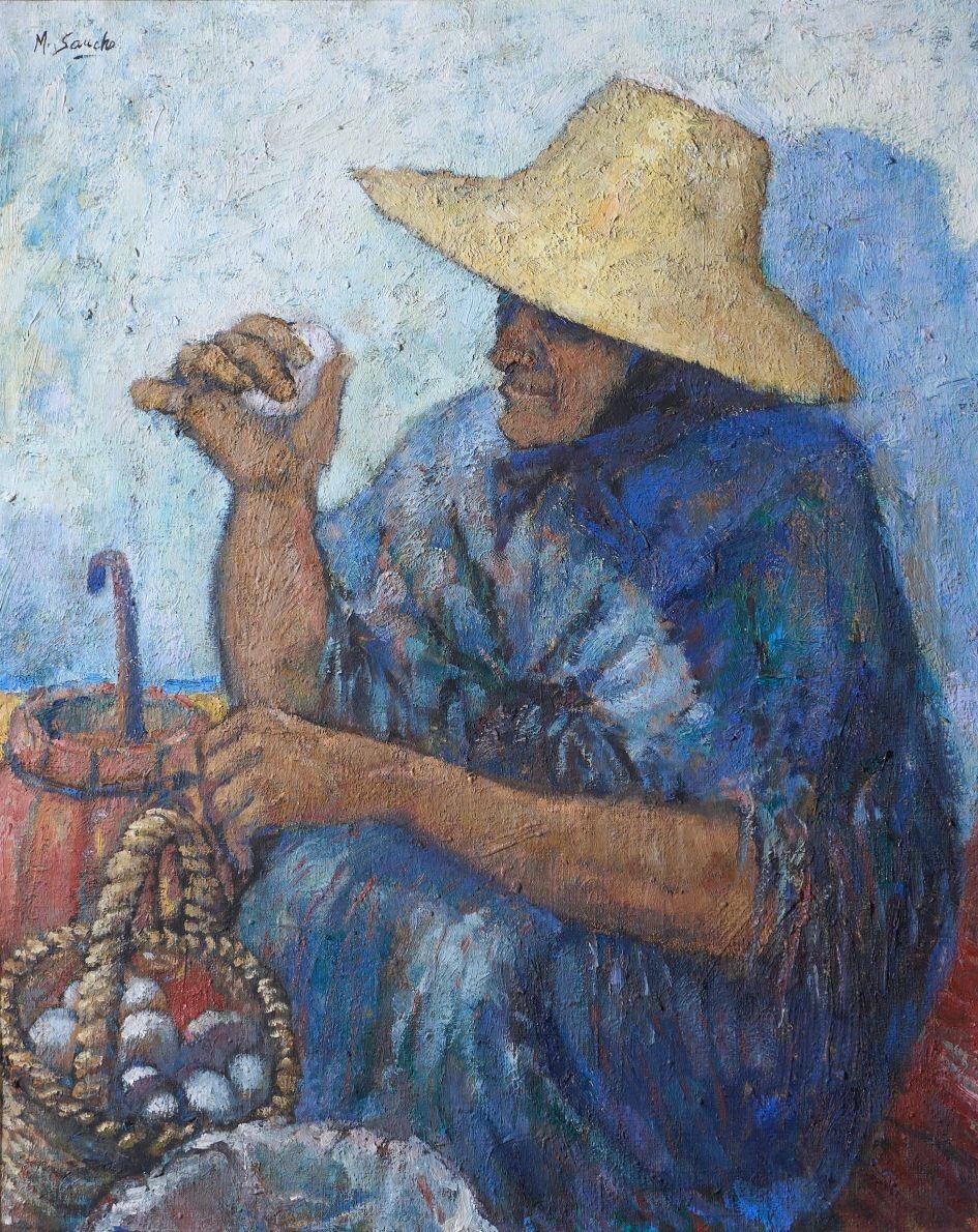 Paint 20th Century Oil On Canvas Of A Lady Selling Eggs- M Sancho For Sale