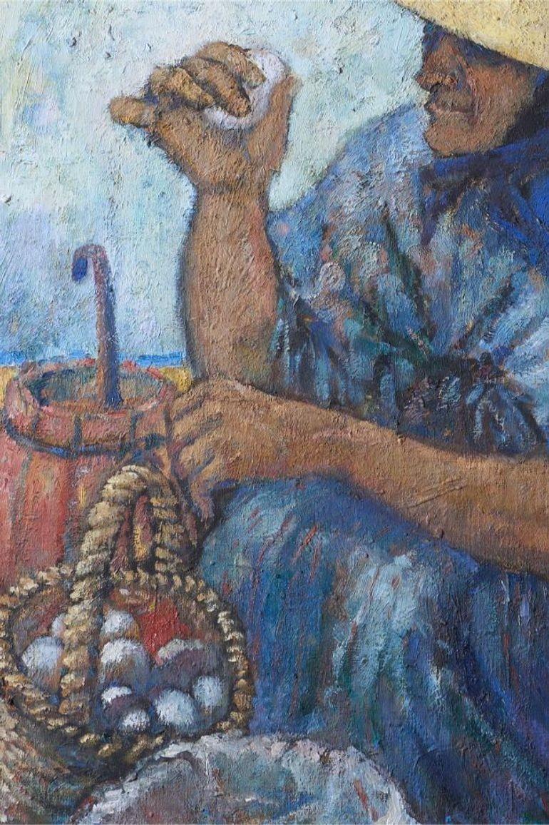 20th Century Oil On Canvas Of A Lady Selling Eggs- M Sancho For Sale 1