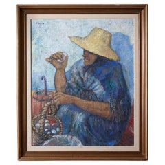 Olio su tela del XX secolo raffigurante una signora che vende uova - M. I.