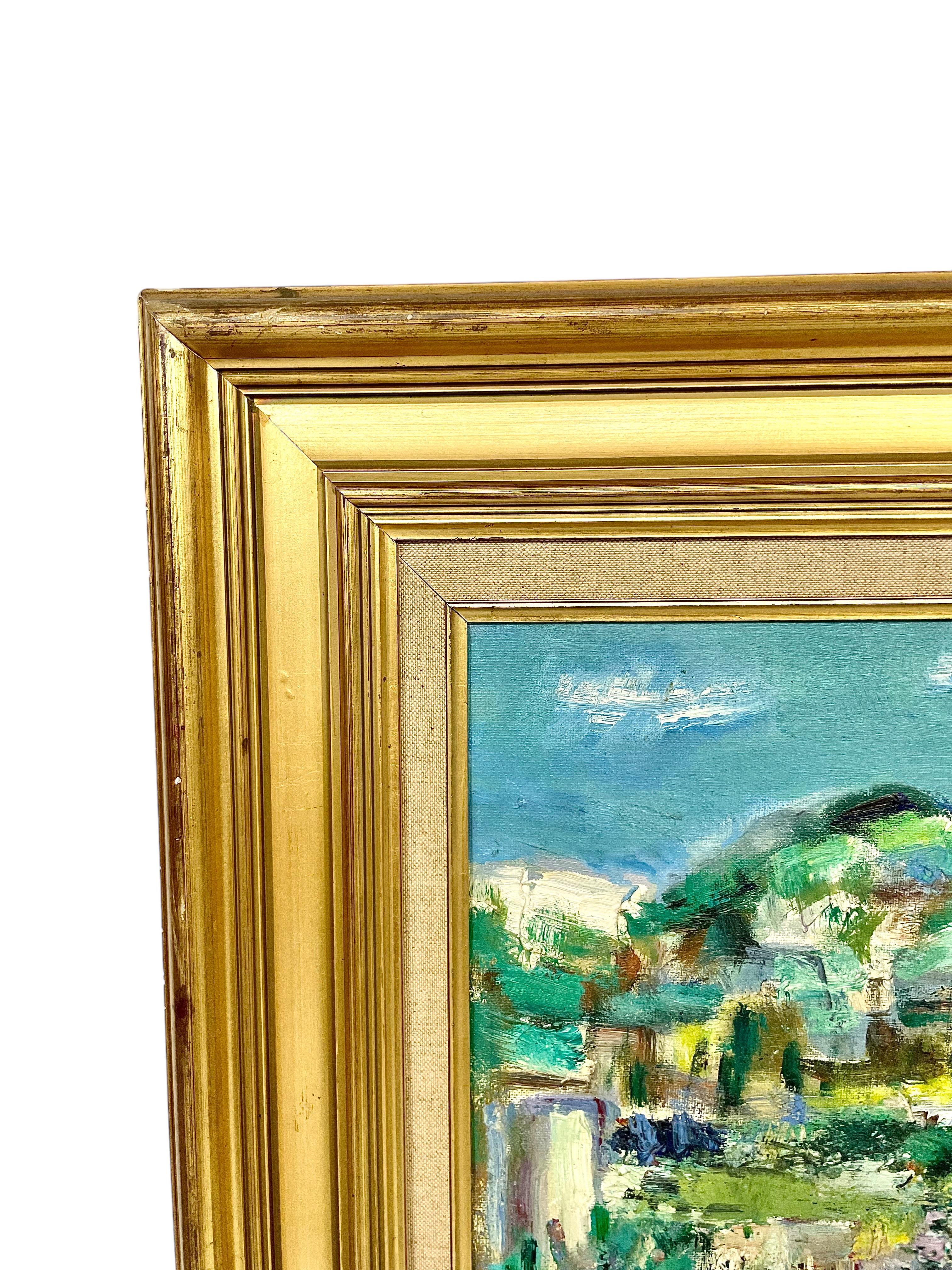 A sun-drenched provençal landscape is brought vividly to life in this 20th century post- impressionist style oil-on-canvas. Undulating hills in the distance provide an evocative backdrop for clusters of white-painted, red-roofed houses, nestling