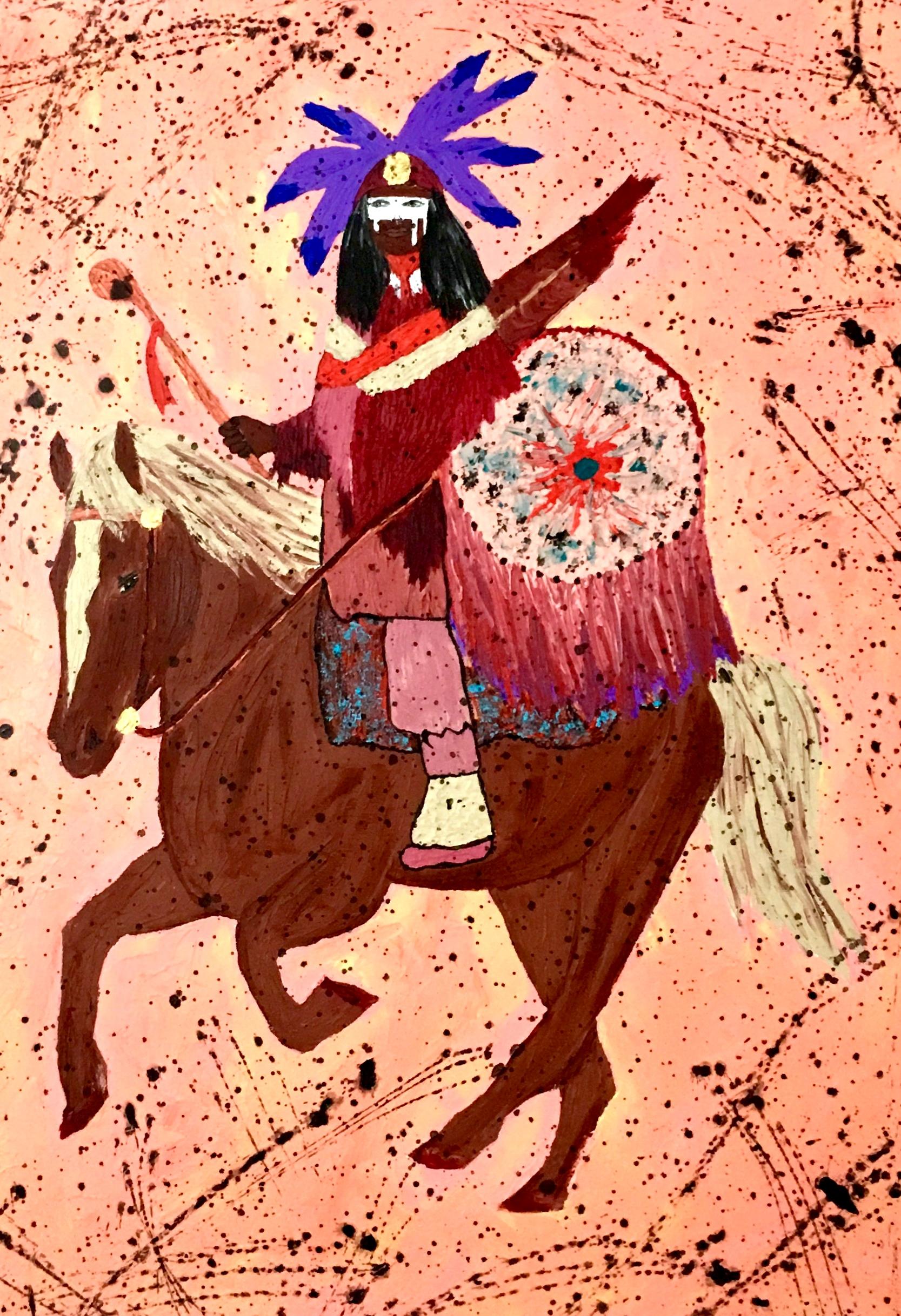 20th century oil on canvas painting by, Barbara Smith. This vibrant artist-signed original piece of art features vibrant and textured hues with a pink ground. The depiction of the Native American Indian on horse is executed with great detail. Signed