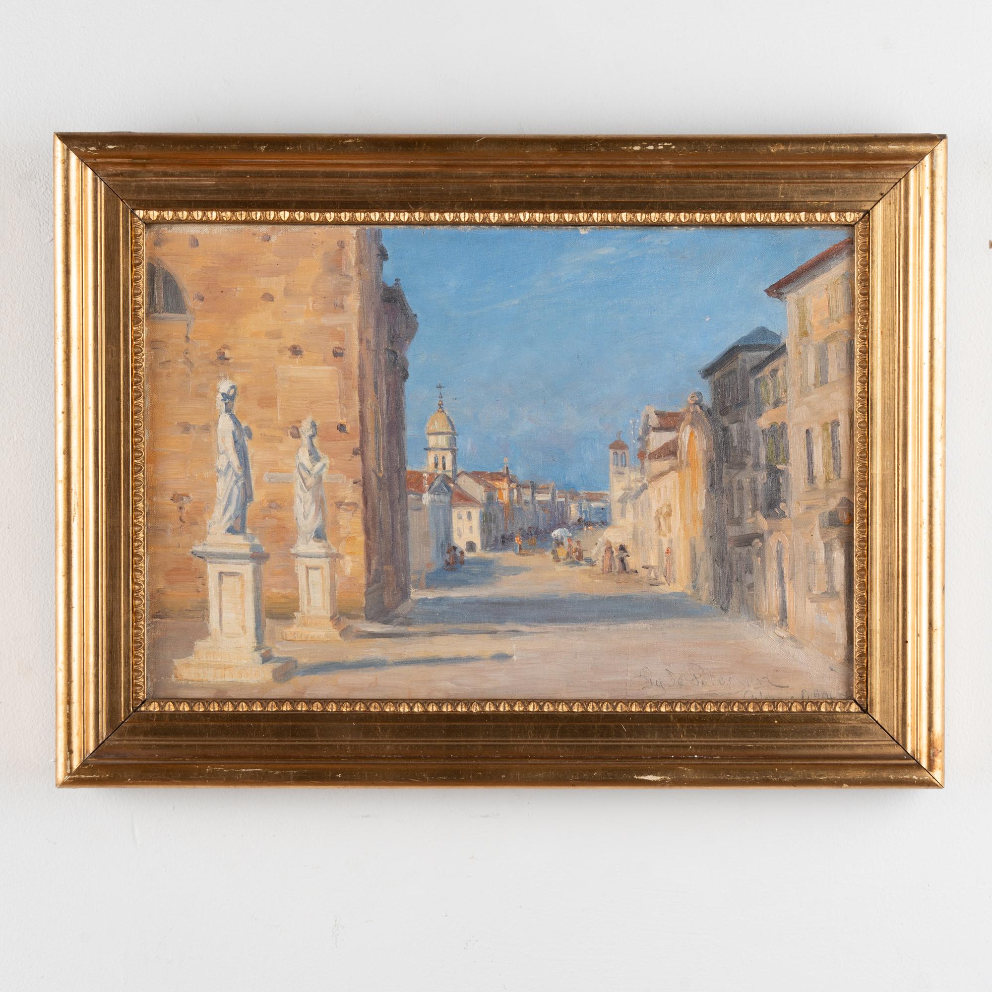 Original oil on canvas painting of a street in Chioggia near Venice. Signed Gyde Petersen.
Condition: A few minimal peelings especially along inner edge (by frame) and pinholes. The canvas may benefit from a slight tightening.
Artist: Hans Gyde