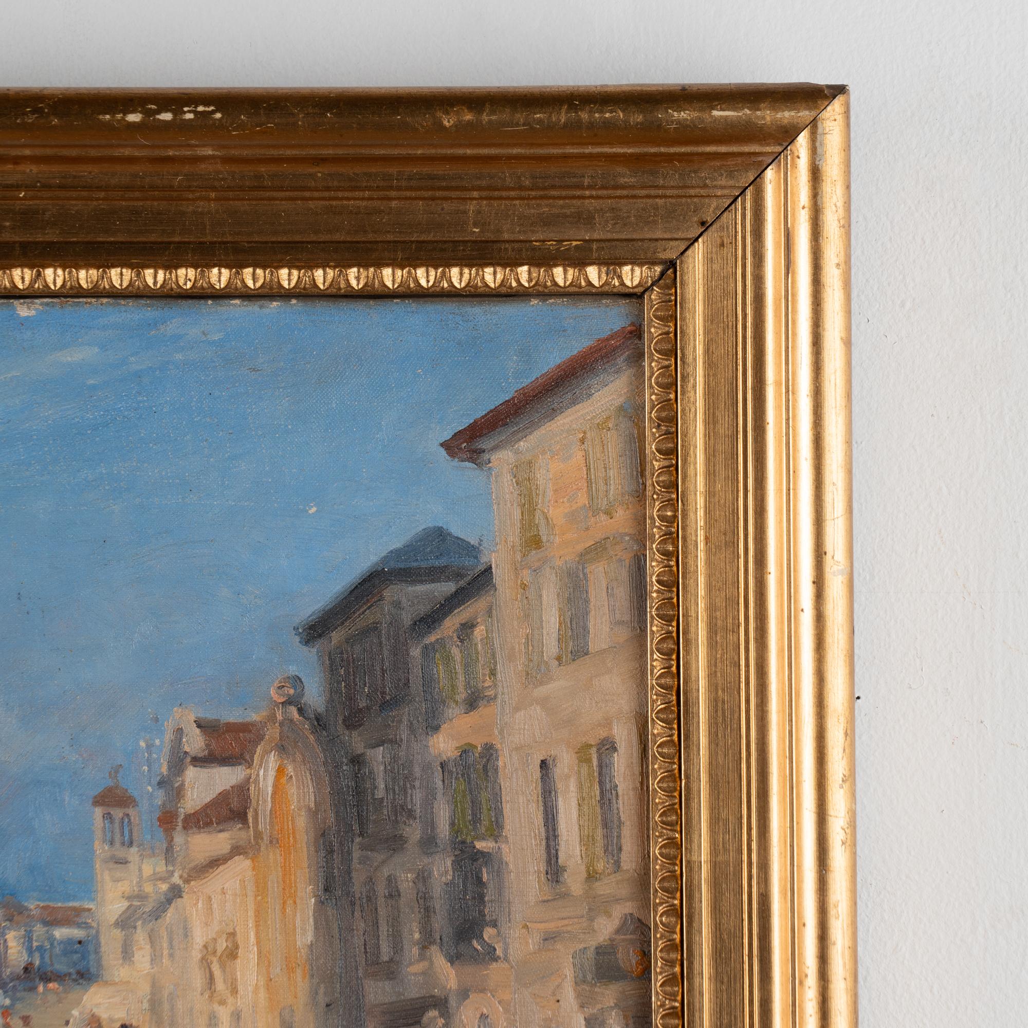 Toile Huile sur toile du 20e siècle représentant une rue près de Venise, signée Gyde Petersen en vente