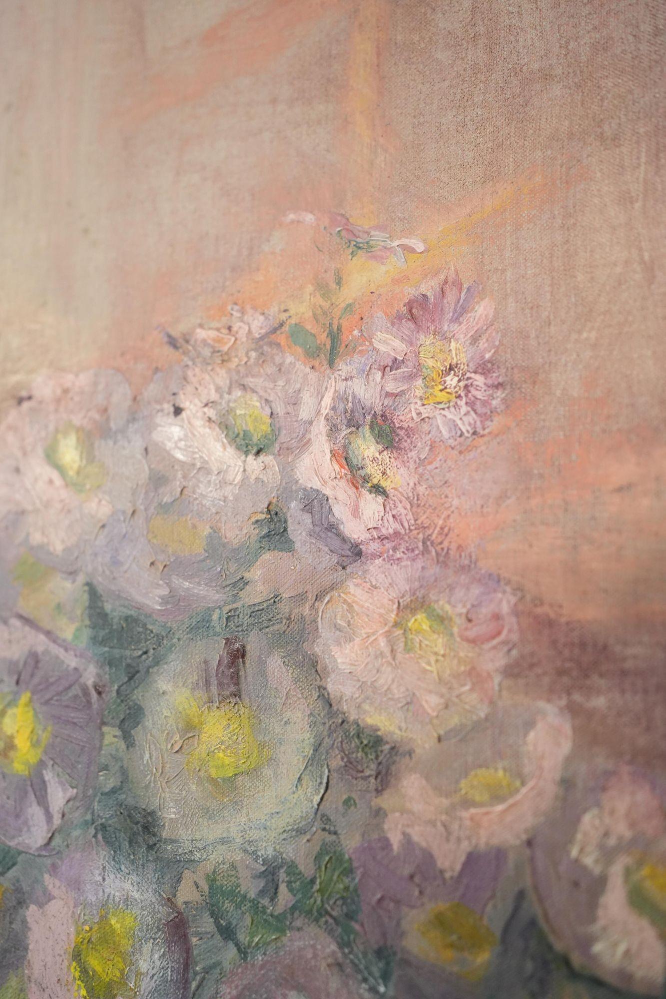 Huile sur toile du 20e siècle représentant des fleurs sur une table en vente 1