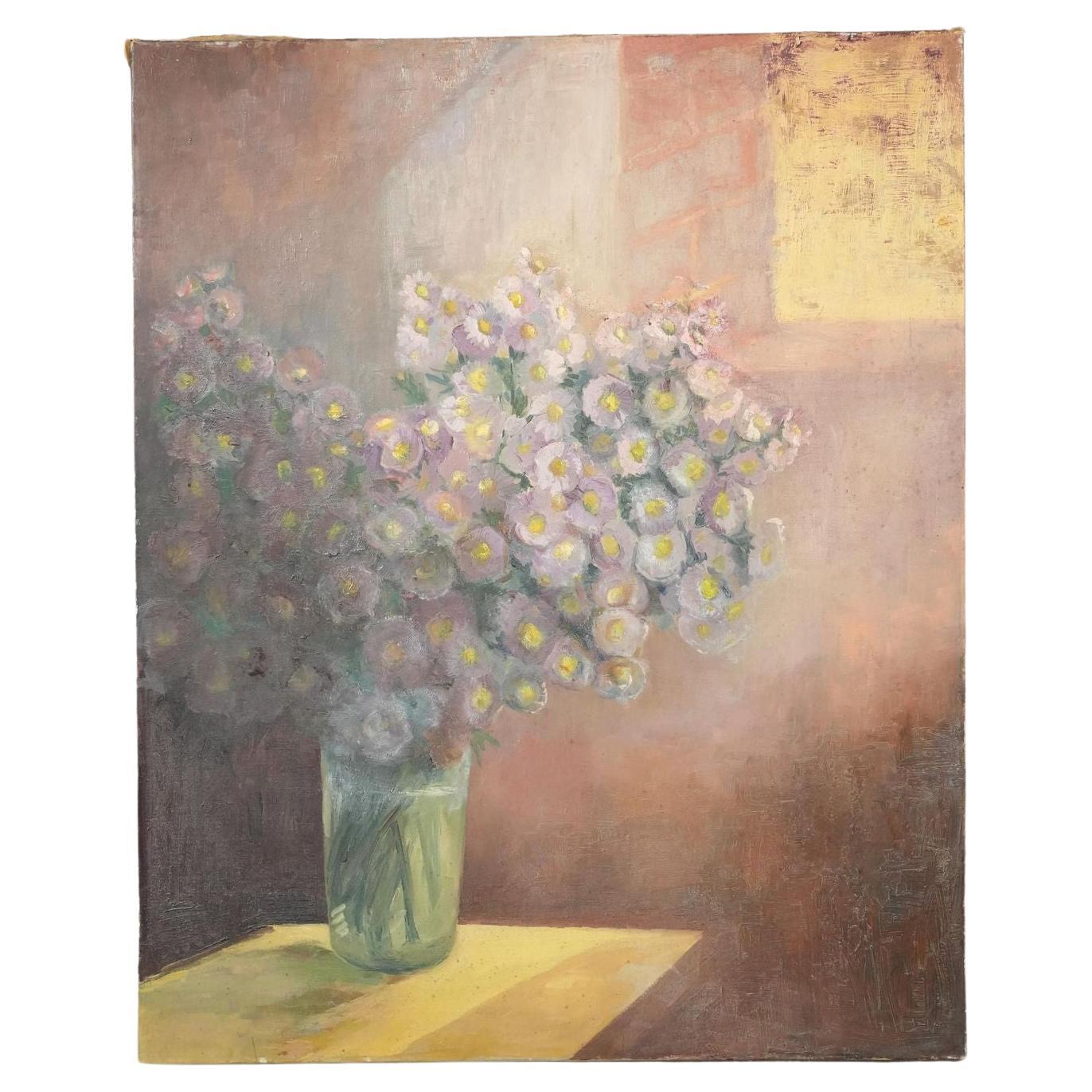 Huile sur toile du 20e siècle représentant des fleurs sur une table en vente