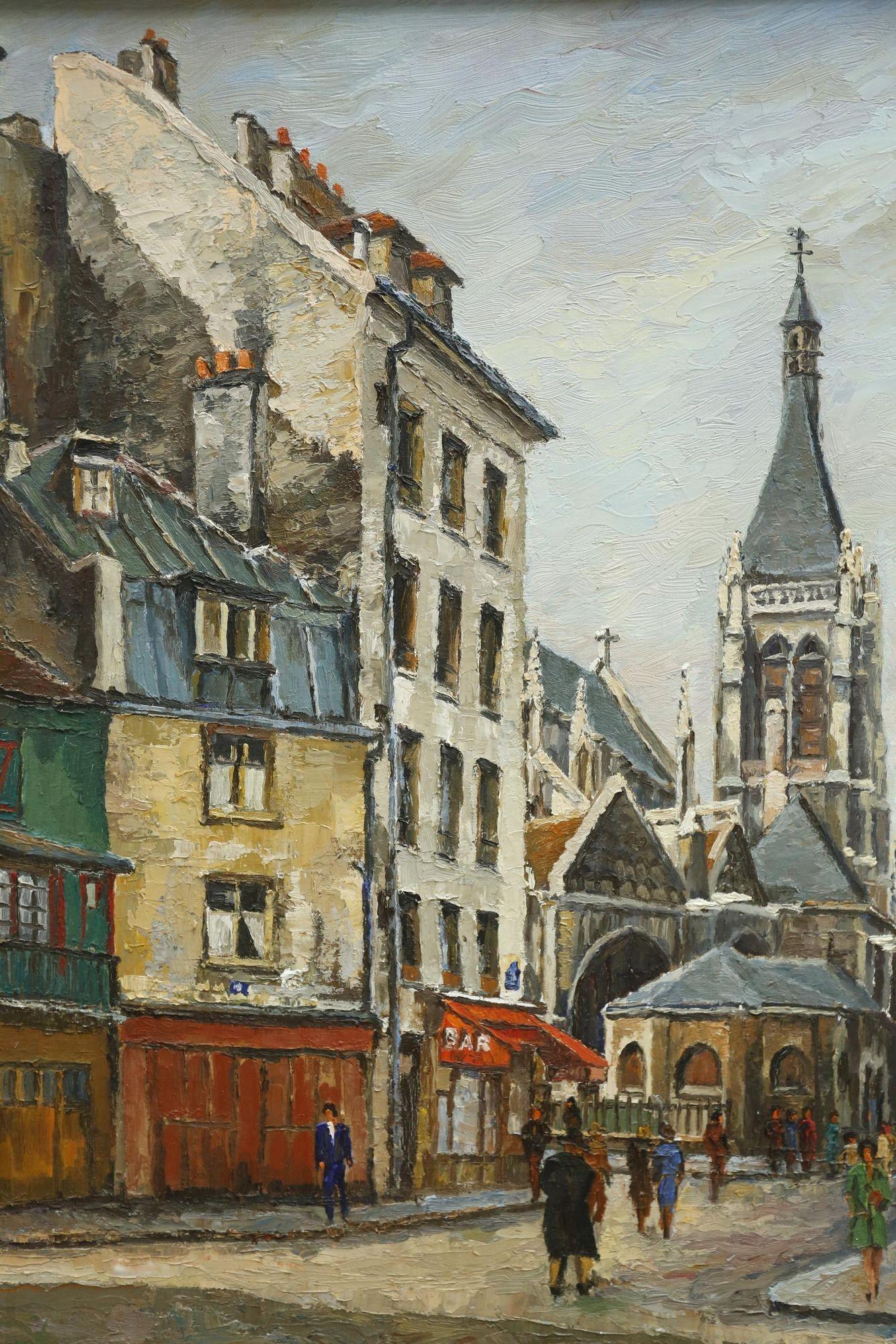 Il s'agit d'une très belle scène de rue parisienne peinte à l'huile sur toile au 20e siècle. La texture de la peinture est superbe et la qualité du travail donne vraiment une idée de ce que serait la vie dans cette rue. La rue est 