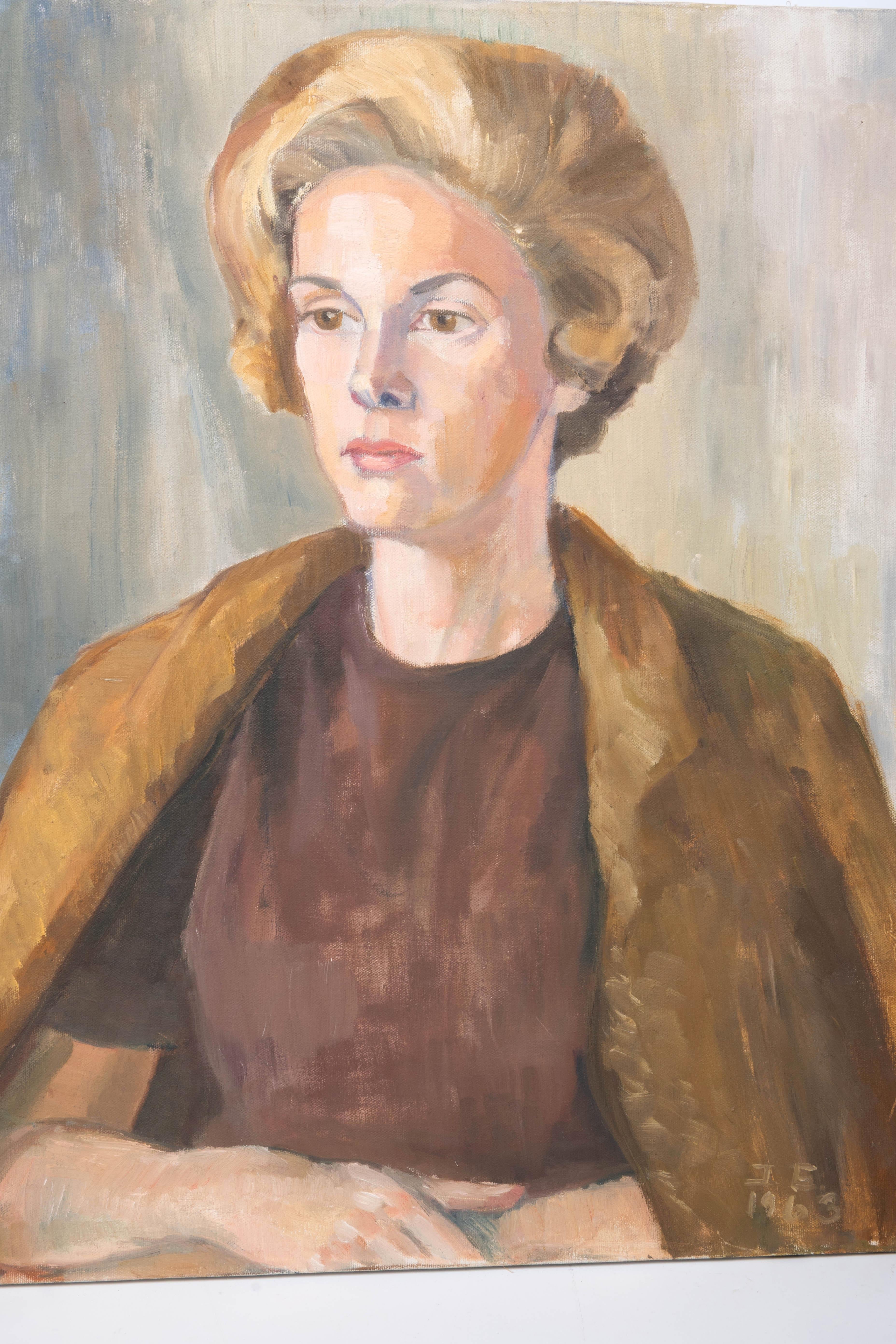20. Jahrhundert Öl auf Leinwand Porträt einer Dame
Signiert unten rechts 'J E 1963'.
Ungerahmt

In sehr gutem Zustand.

Bitte melden Sie sich für ein genaues Versandangebot.