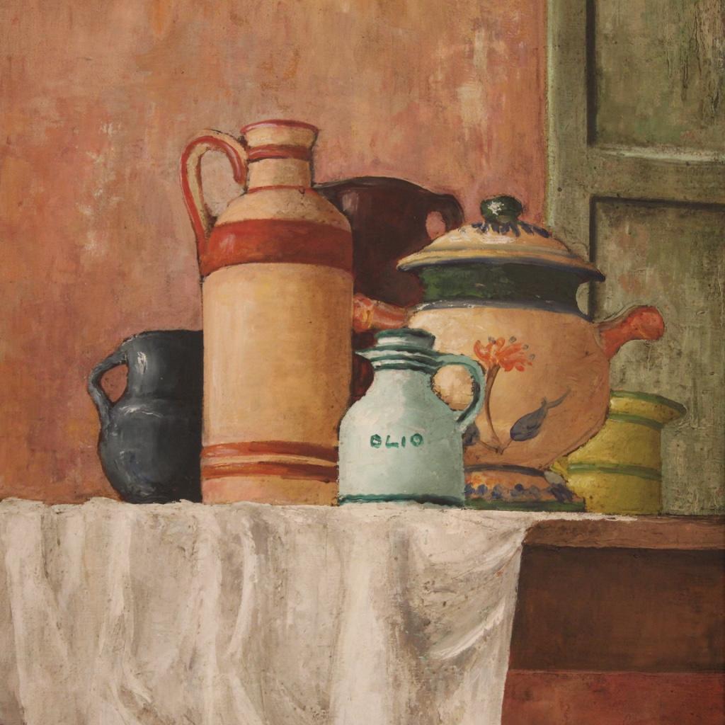 Italian painting dated 1968. Oil on canvas framework depicting still life, table with kitchen jars of good pictorial quality. Modern frame in finely chiseled and gilded wood and plaster. Large size and pleasant impact painting, for antique dealers,