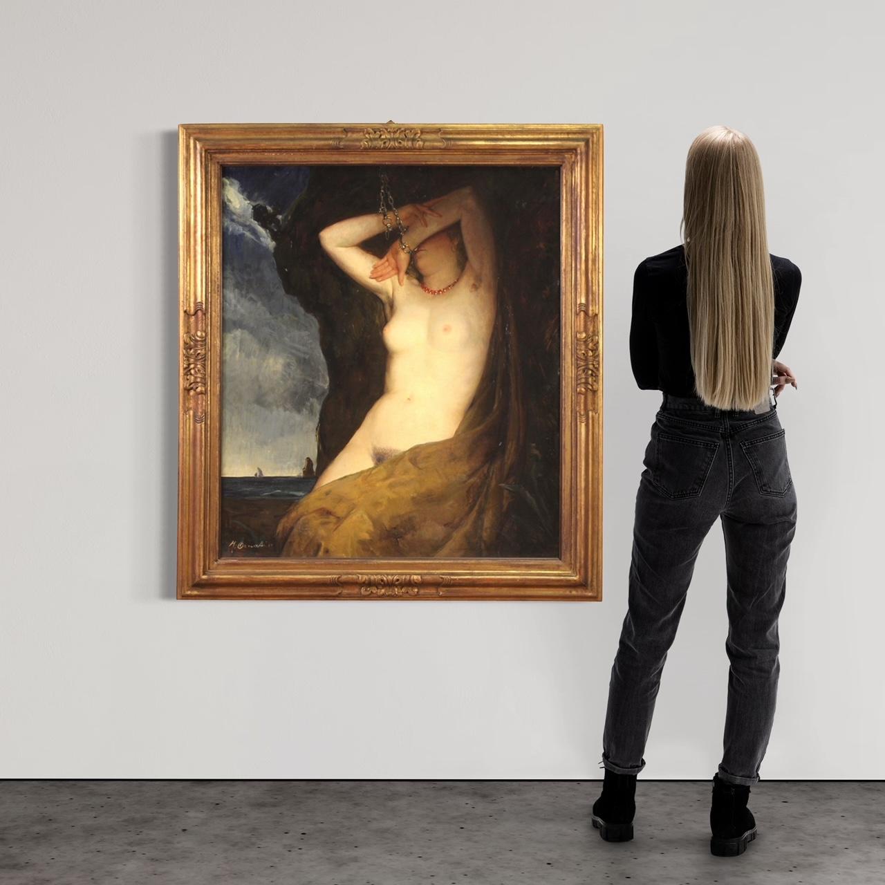 Great Italian mythological painting signed and dated 1910. Oil on canvas painting, first canvas, depicting a female nude with a mythological subject, Andromeda chained to the rock, of excellent pictorial quality. Painting of notable size and impact