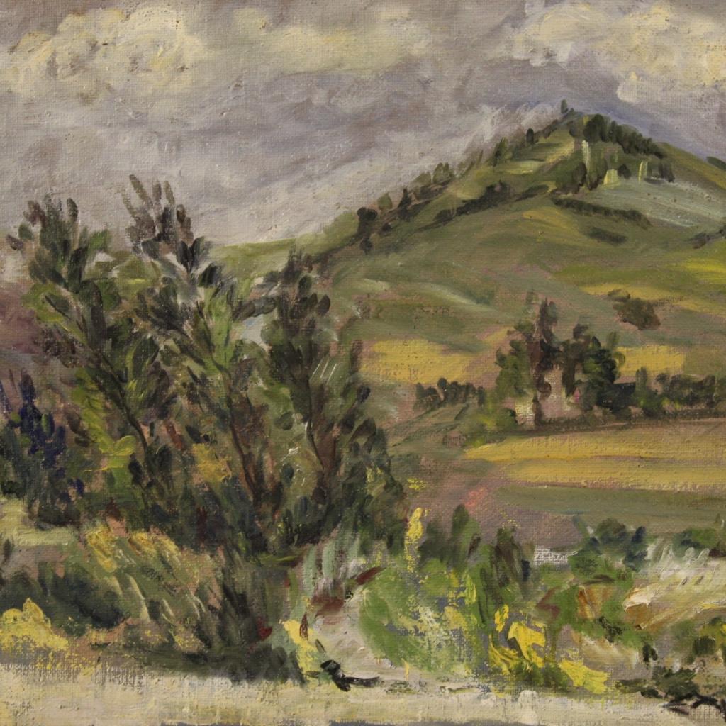 Italian painting from the second half of the 20th century. Framework oil on canvas depicting a countryside landscape in impressionist style of good pictorial quality. Modern frame complete with fabric passe-partout with some small signs of aging.