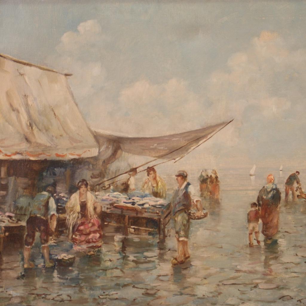 Italian painting from the mid-20th century. Artwork oil on canvas, on the first canvas, depicting a marine view The fish market with characters of good pictorial quality. Painting of beautiful size and proportion adorned with a carved and gilded