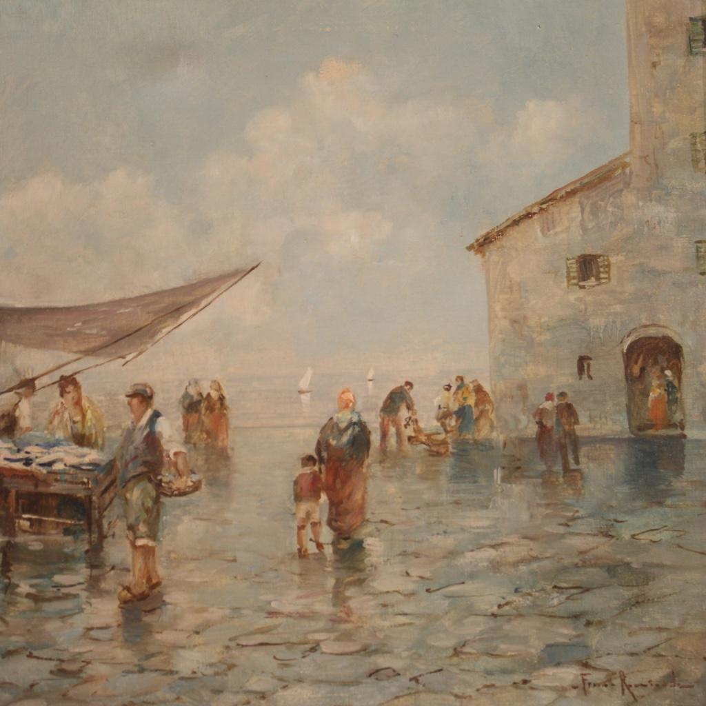 Oiled 20th Century Oil on Canvas Signed Italian Painting View of the Market by the Sea