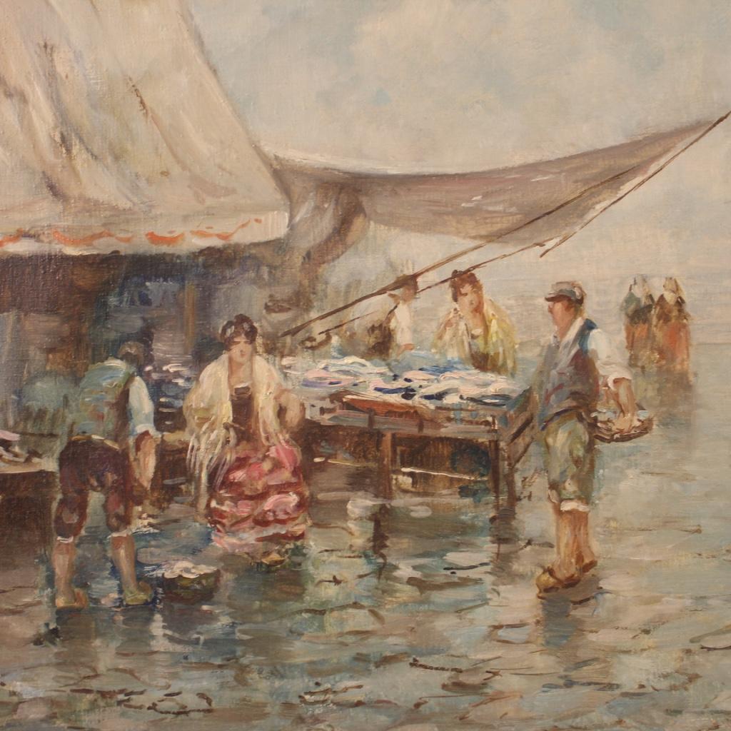 20th Century Oil on Canvas Signed Italian Painting View of the Market by the Sea In Good Condition In Vicoforte, Piedmont