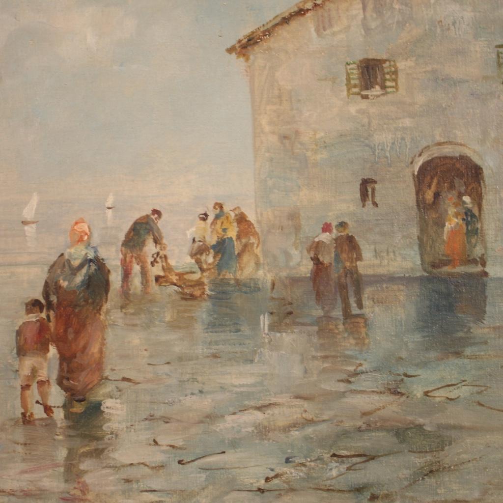 20th Century Oil on Canvas Signed Italian Painting View of the Market by the Sea 1