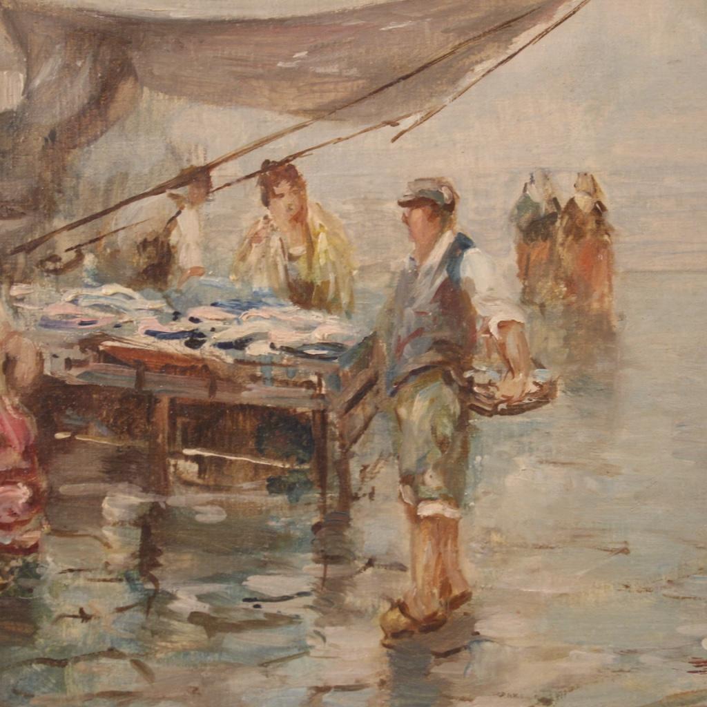 20th Century Oil on Canvas Signed Italian Painting View of the Market by the Sea 4
