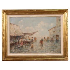 Vintage 20th Century Oil on Canvas Signed Italian Painting View of the Market by the Sea