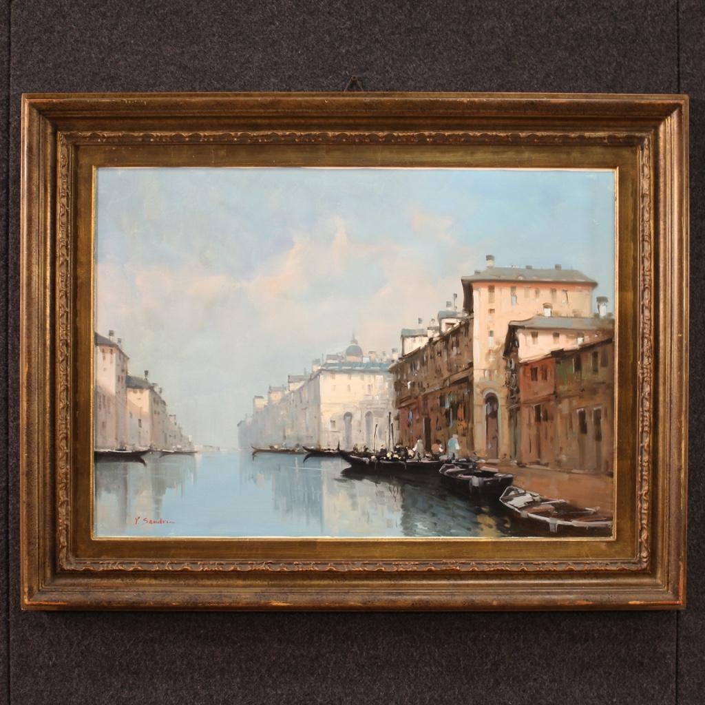 Italian painting from the second half of the 20th century. Framework oil on canvas depicting View of a canal in Venice in Impressionist style. Carved and gilded wooden frame of pleasant decoration, in good condition. Framework of good size and
