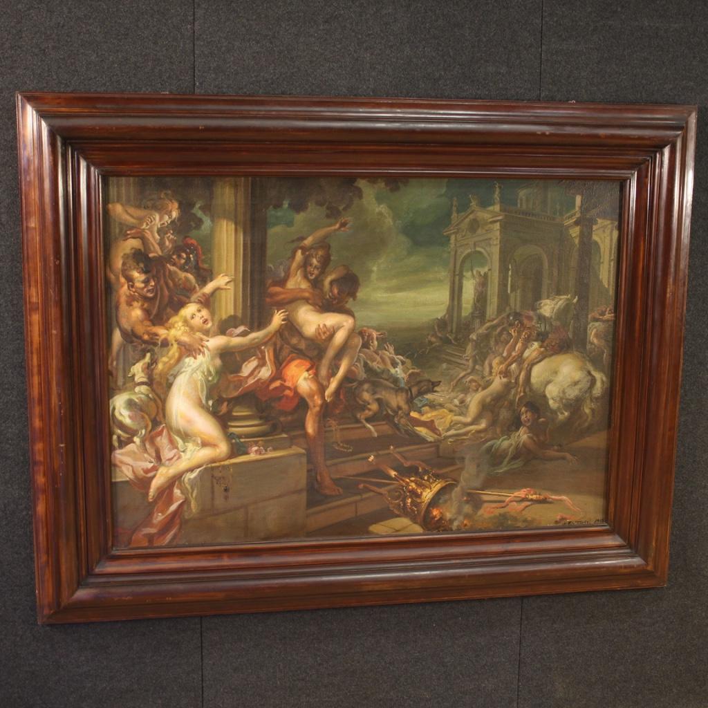 Italian painting dated 1938. Oil painting on canvas depicting The Rape of the Sabines of excellent pictorial quality. Signed and dated painting in the lower right corner (see photo) Mattia Traverso, missing authenticity. Painting of great measure
