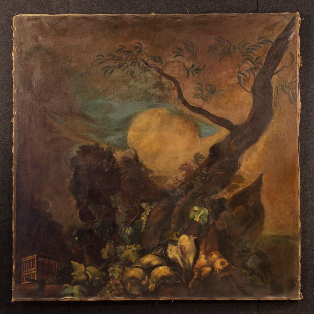 Great Spanish painting from the mid-20th century. Framework oil on canvas, first canvas, depicting a particular view adorned with bushmeat and fruit. Framework of exceptional size and pleasant decor ideal to fit in a living room or salon. It