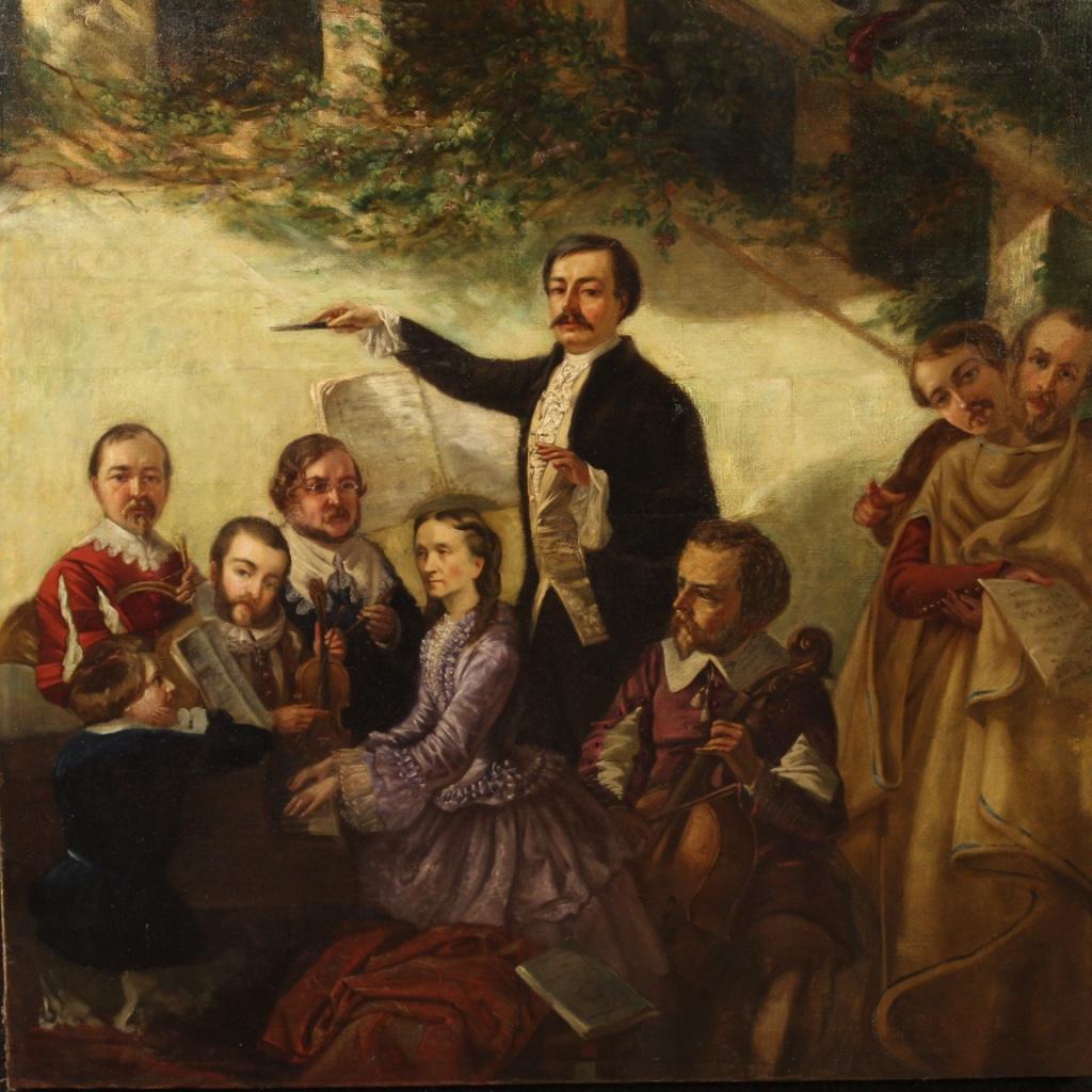 Great Spanish painting from the early 20th century. Oil painting on canvas depicting concert in the garden full of characters and decorative elements of good pictorial quality. Framework that develops on the vertical. Painting that has undergone