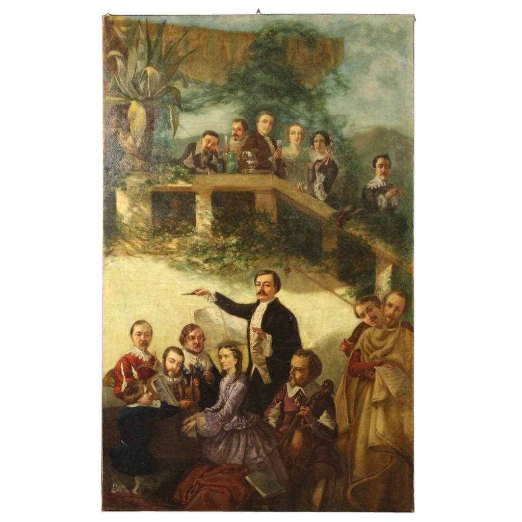 20th Century Oil on Canvas Spanish Painting Concert in Garden with Characters