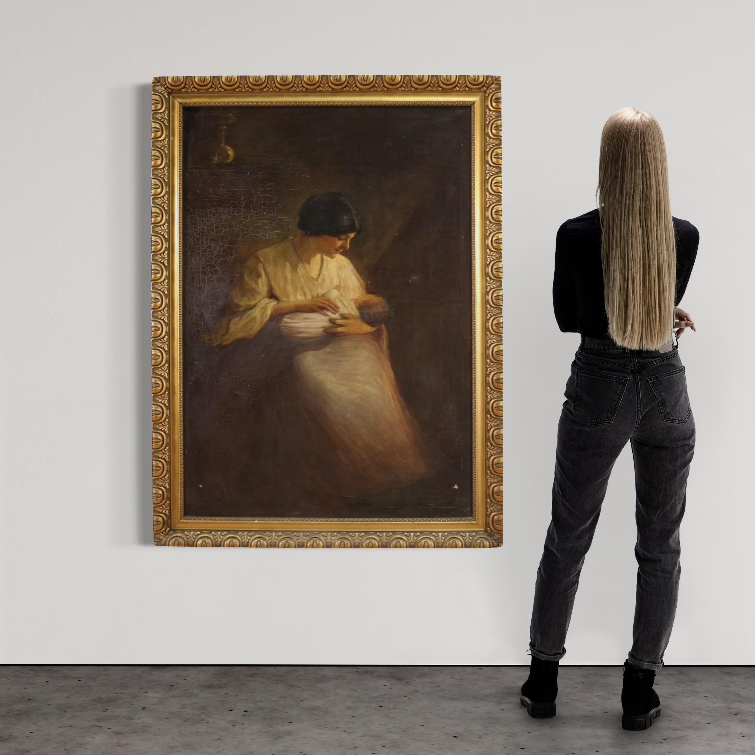 Antikes spanisches Gemälde aus dem frühen 20. Jahrhundert. Öl auf Leinwand, erste Leinwand, Kunstwerk, das eine charmante Interieurszene, 