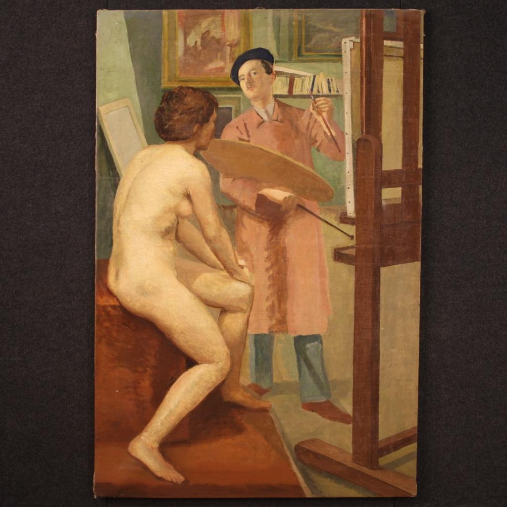 Spanish painting from the first half of the 20th century. Framework oil on canvas depicting the artist's studio, interior scene with painter and model of good pictorial quality. Painting of great measure and impact, lacking frame. Painting very