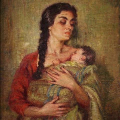 20e siècle Huile sur toile Peinture espagnole signée Maternité, 1950