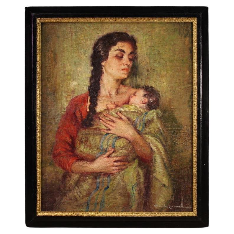 20th Century Oil on Canvas Spanish Signed Painting Maternity, 1950 in vendita