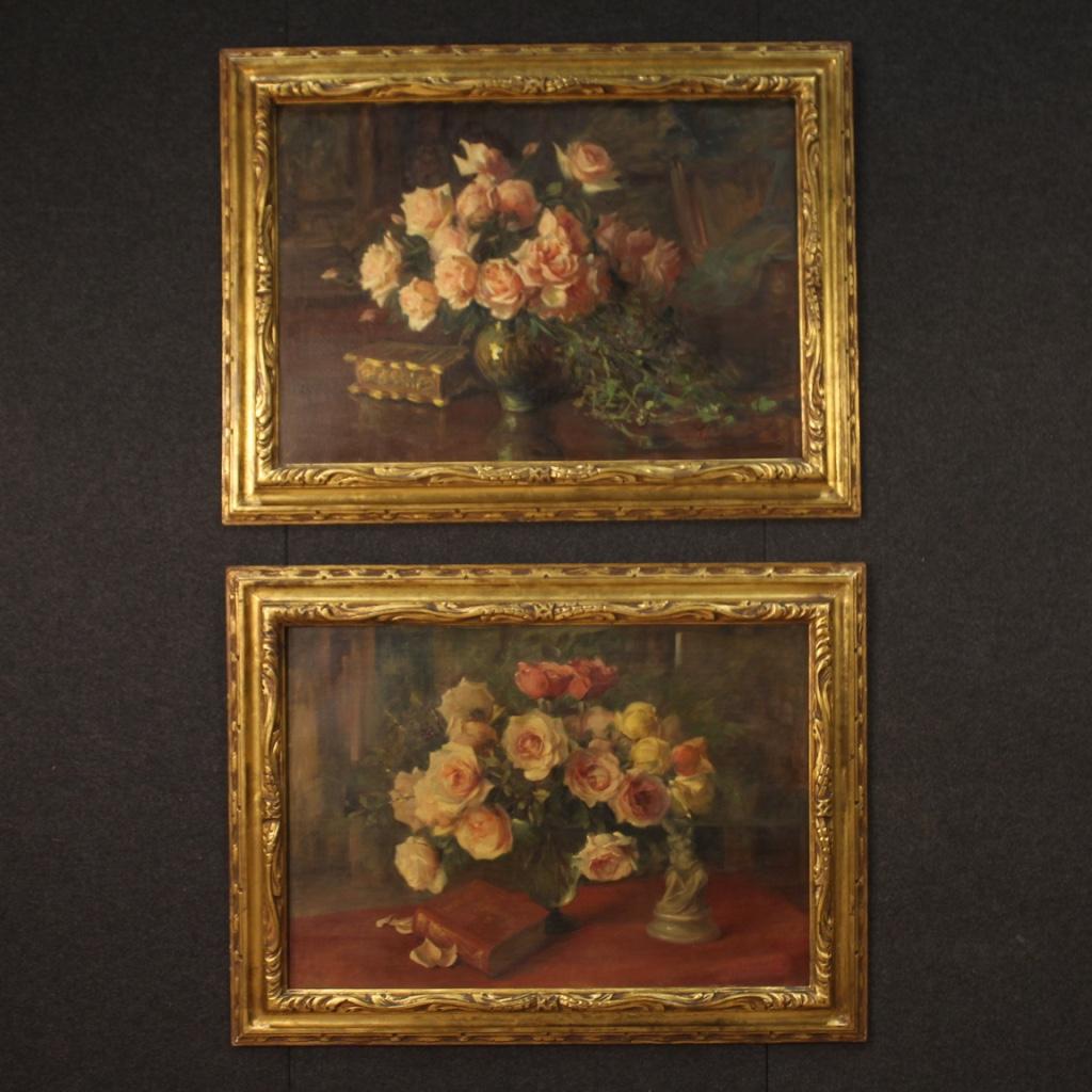 Great Italian painting from the mid-20th century. Oil painting on canvas, first canvas, depicting still life, vase with flowers, pleasant brightness and good pictorial quality. Beautifully sized framework with a modern golden wooden frame with some