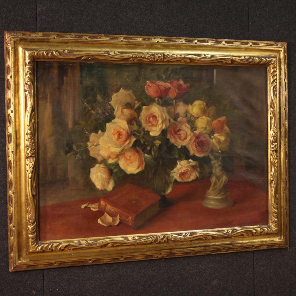 20th Century Oil on Canvas Still Life Italian Signed Painting Vase with Flowers 4