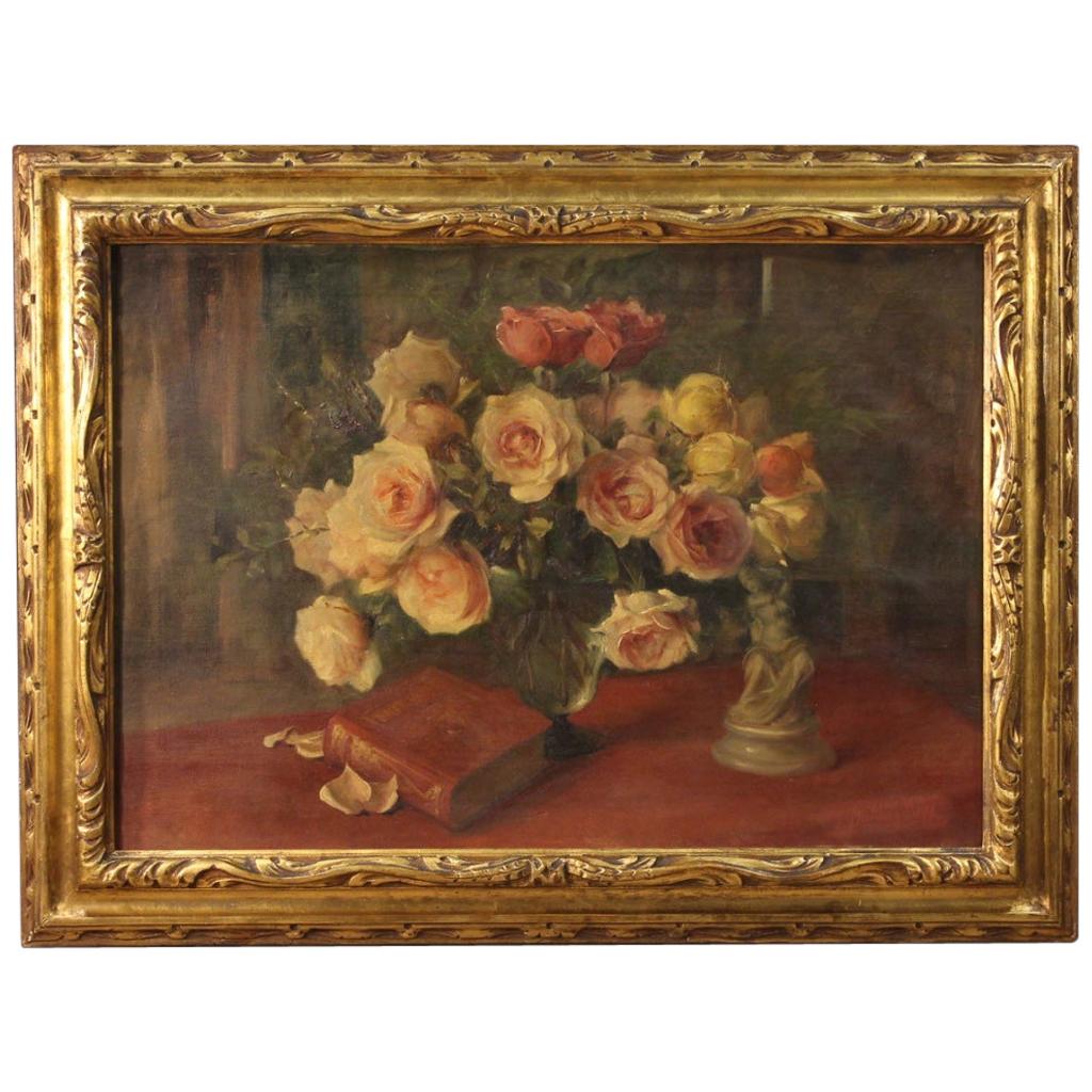 20th Century Oil on Canvas Still Life Italian Signed Painting Vase with Flowers