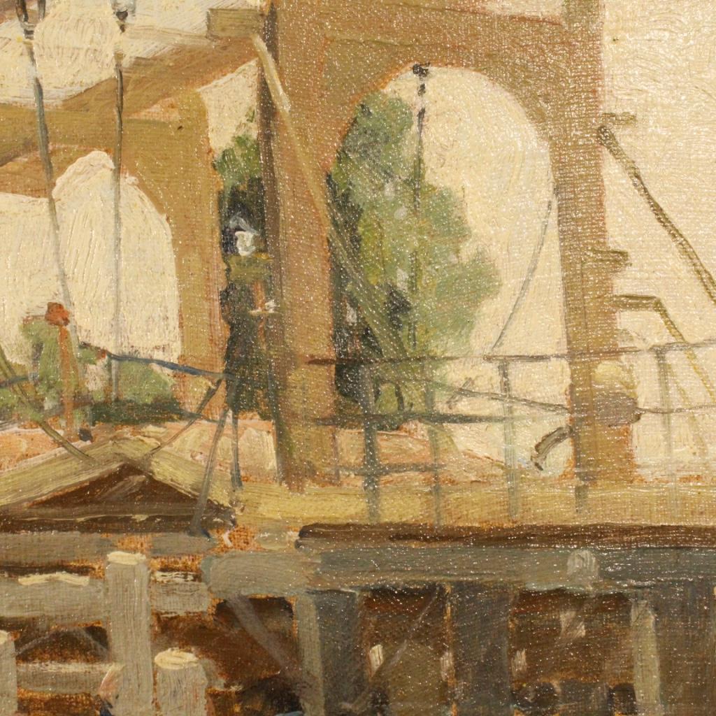 Mid-20th Century Verleur 20th Century Oil On Cardboard Dutch Signed Dated Bridge Painting, 1950