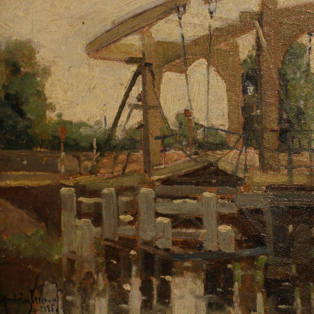 Verleur 20th Century Oil On Cardboard Dutch Signed Dated Bridge Painting, 1950 4