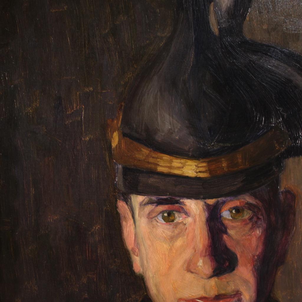 siglo XX Óleo sobre cartón Pintura húngara de retrato de soldado firmada y fechada Hungarian en venta