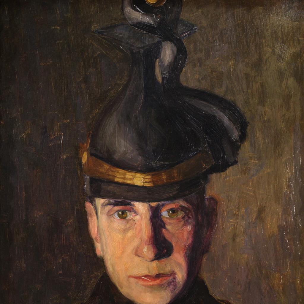 siglo XX Óleo sobre cartón Pintura húngara de retrato de soldado firmada y fechada Early 20th Century en venta