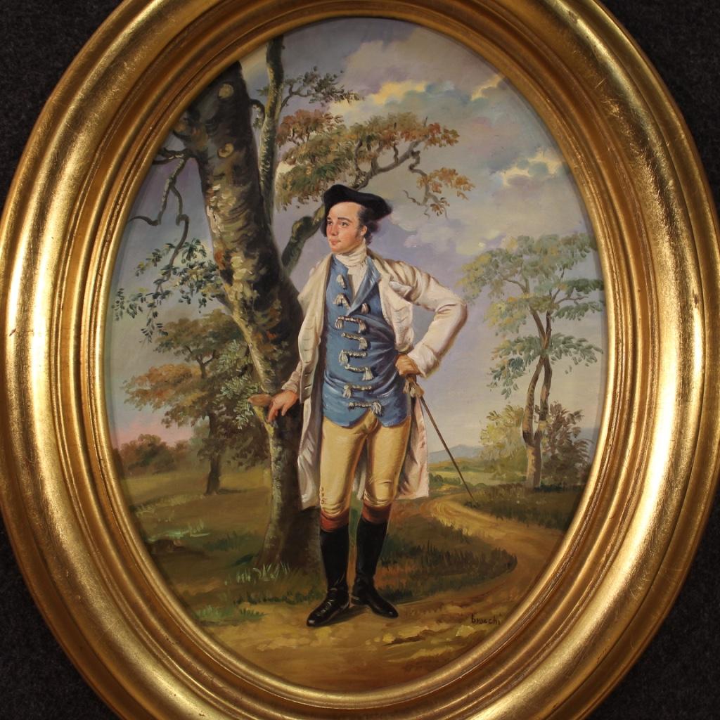 Italian painting from the second half of the 20th century. Oval framework, oil on cardboard depicting a portrait of an eighteenth-century gentleman of good pictorial quality. Painting signed lower right, signature under study. Beautifully sized and
